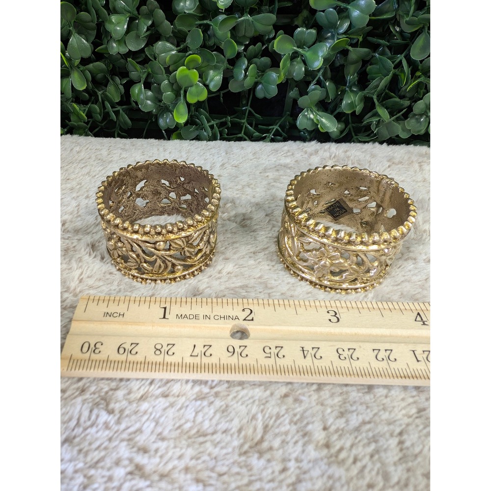 Vintage India Metal Napkin Rings Set of 2 Gold Tone Ornate Floral Filigree
